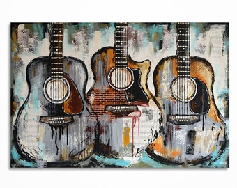 Music Wall Art, Abstract Guitar Painting on Canvas, Original Textured Music Studio Decor