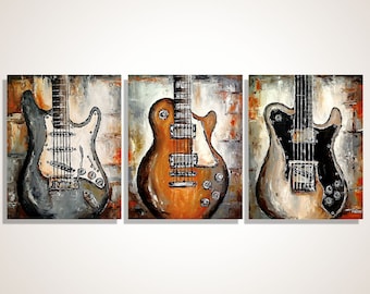 Original Large Triptych Guitar Painting on Canvas, Abstract Music Wall Art, Music Room Decor