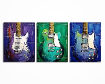 Original Abstract Guitar Painting, Triptych Music Wall Art on Canvas, Large Acrylic Painting