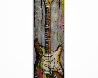 Peut inclure: Peinture abstraite d'une guitare électrique. La guitare est peinte dans des tons de marron, de blanc et de vert, avec un fond texturé et vieilli. L'œuvre d'art a une orientation verticale et présente des coulures et des éclaboussures de peinture.
