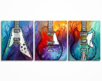 Original Abstract Guitar Painting on Canvas, Triptych Acrylic Music Wall Art, Colorful Music Artwork