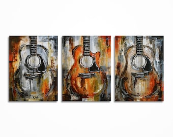 Acoustic Guitar Painting on Canvas, Music Artwork, Original Guitar Triptych Wall Art