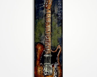 Peut inclure: Peinture verticale d'une guitare électrique. La guitare a un corps marron, un pickguard noir et un manche brun clair. Le fond est un mélange de bleu foncé et de vert avec le texte "Joe 820" en blanc.