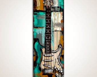 Peut inclure: Peinture abstraite d'une guitare électrique dans des tons de turquoise, marron, gris et crème. La guitare est centrée verticalement, avec un manche et un corps détaillés. Le fond présente des coups de pinceau colorés.
