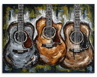 Acoustic Guitar Painting, Large Music Wall Art, Original Acrylic Artwork on Canvas