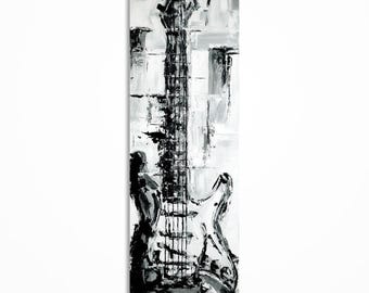 Abstract Electric Guitar Painting on Canvas, Original Black and White Music Art, Guitar Artwork