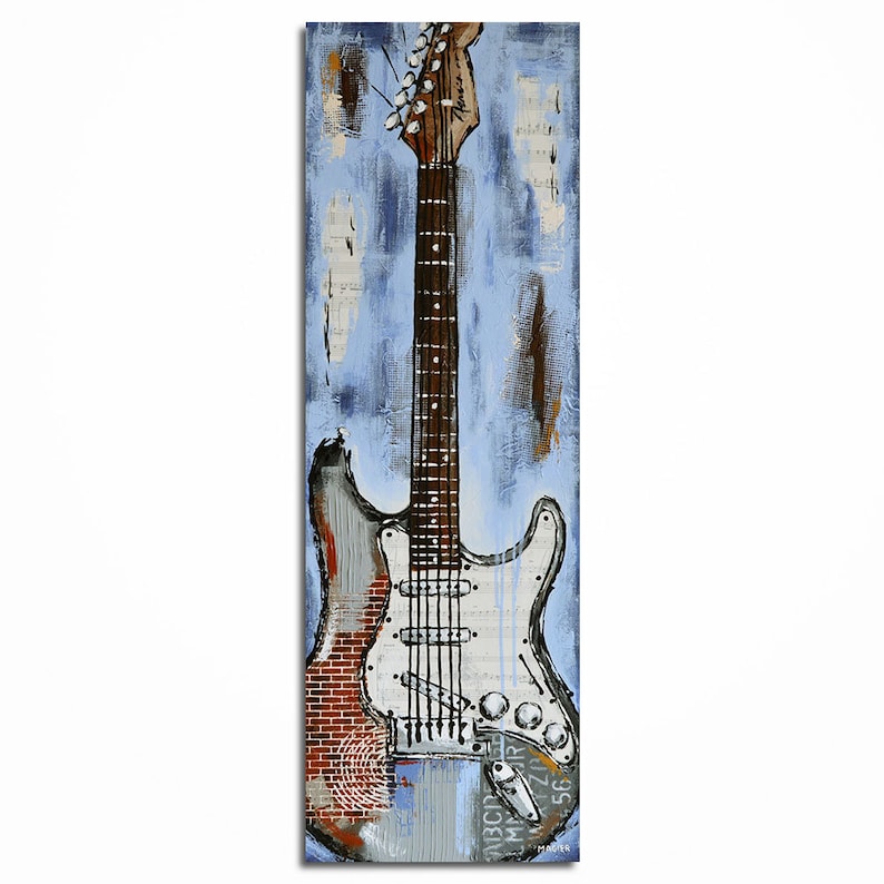 Music Wall art, Abstract Guitar Painting on Canvas, Unique Home Decor, Textured Guitar Artwork 36"height x 12"width