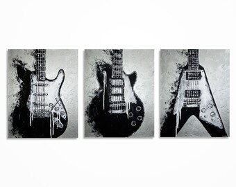 Original Guitar Painting Triptych Acrylic Music Wall Art Contemporary Canvas