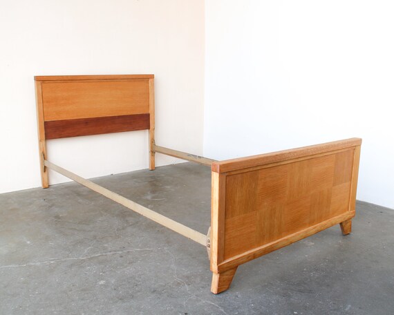 Vintage Twin Size Blonde Oak Wood Bed Frame Headboard Mid Century Modern