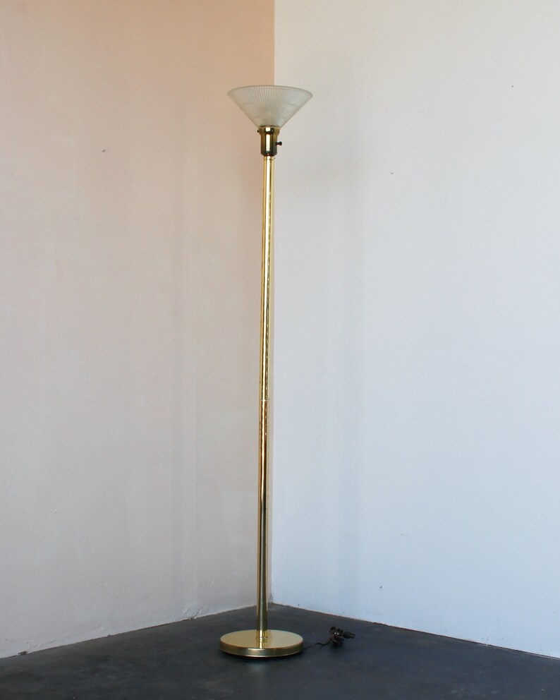 Vintage Brass Floor Lamp With Flared Glass Shade Mid Century Modern
