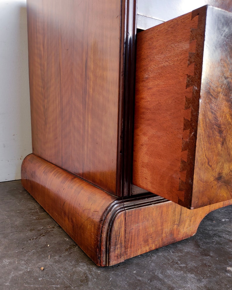 1940s Vintage Walnut Art Deco Vanity with Tri-Fold Mirror image 10