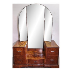 1940s Vintage Walnut Art Deco Vanity with Tri-Fold Mirror image 2