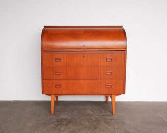 Mid-Century Modern Teak Wood Roll Top Secretary Desk by Egon Ostergaard