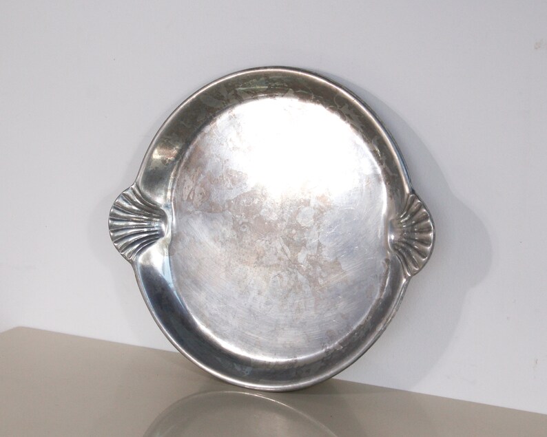 Large Round Vintage Pewter Serving Plate / Platter with Shell Handles image 4