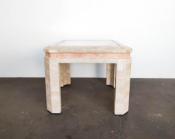 Tessellated Travertine Limestone End Table with Brass Inlay