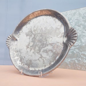 Large Round Vintage Pewter Serving Plate / Platter with Shell Handles image 1
