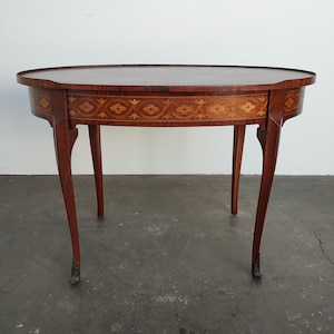 French Louis XVI Style Marquetry Oval Side Table with Hidden Drawer