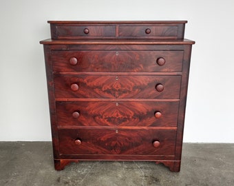 Vintage Late 19th Century Flame Walnut Highboy Dresser Antique