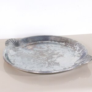 Large Round Vintage Pewter Serving Plate / Platter with Shell Handles image 2