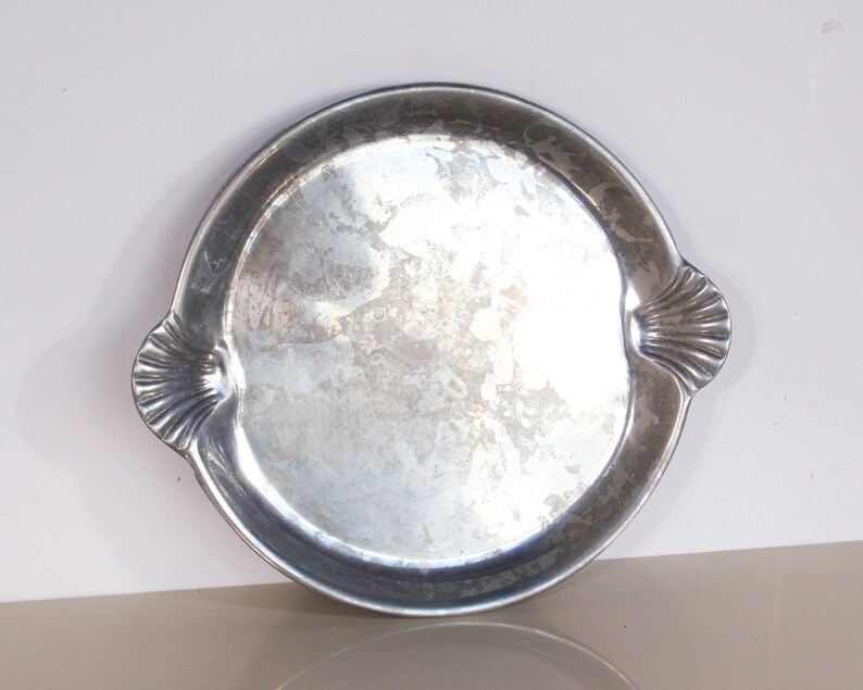 Large Round Vintage Pewter Serving Plate / Platter with Shell Handles image 3