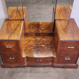 1940s Vintage Walnut Art Deco Vanity with Tri-Fold Mirror image 3