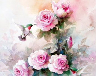 Colibríes y rosas: Impresión de archivo de pintura en acuarela