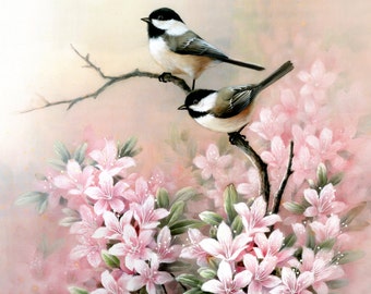 Chickadee and Flowers, Archival Print of Watercolor Painting