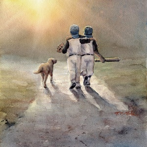 Two Boys Ready to Play Baseball with Dog Art print of Watercolor Painting - Baseball Players with Dog