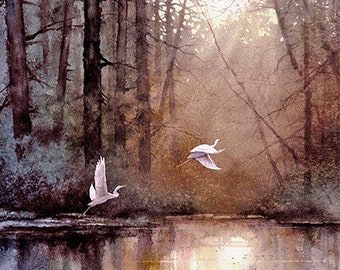 Wildlife Art Print of Watercolor Painting - Birds, Egrets, Trees, Lake, Sunrise