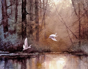 Wildlife Art Print of Watercolor Painting - Birds, Egrets, Trees, Lake, Sunrise