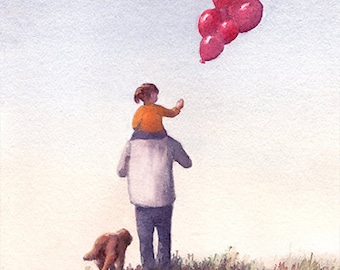 Padre e hija con perro volando en globo: acuarela, impresión artística giclée