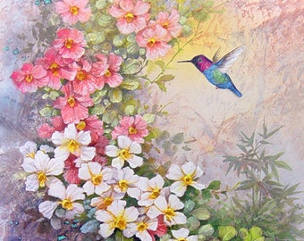 Humming Birds and  Flowers  Archival Print of Watercolor Painting