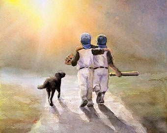 Baseball Brothers with Black Dog: Watercolor Painting Art Print