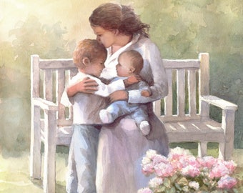 Matka i dzieci w ogrodzie z kwiatami: wydruk akwarelowy