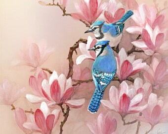 Arrendajo azul sobre flores de magnolia: Impresión artística de acuarela