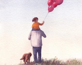 Ojciec i córka trzymają balony z psem w parku - akwarela, wydruk artystyczny