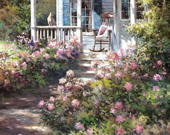 Gato sentado en el porche delantero de una casa rústica con jardín: Impresión giclée de pintura de acuarela