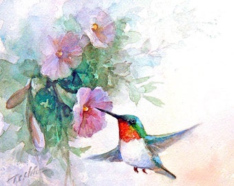 Humming Birds and Morning Glories Watercolor Painting Archival Print