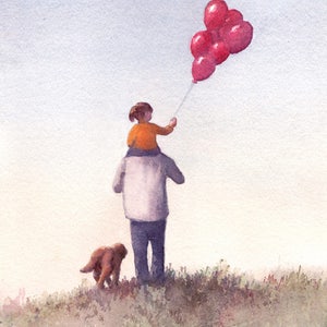 Father and Daughter holding Balloons with Dog at Park - Art Print of  Watercolor painting