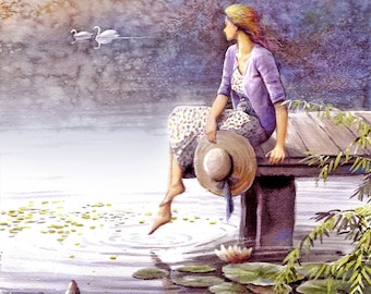 Una niña sentada junto al muelle en el lago de los cisnes: impresión artística en acuarela Giclée
