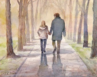Ojciec i córka spacerują po parku: wydruk artystyczny akwareli