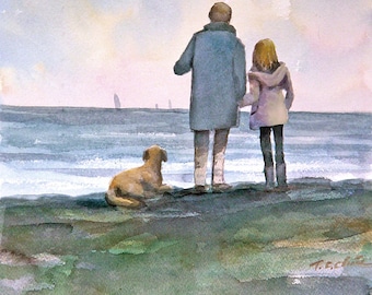 Padre con hija y perro al amanecer en la playa: Impresión de archivo de pintura de acuarela