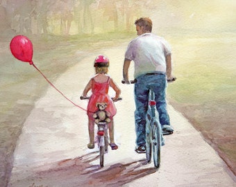 Father and Daughter Bicycling with Red Balloon: Original Watercolor Art Print