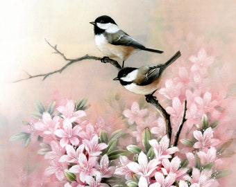 Sikorki na różowych kwiatach, akwarela, wydruk artystyczny Giclee