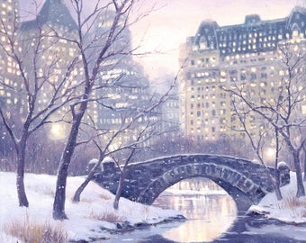 New York City, Central Park Art Print of Oil Painting, Bridge, Winter Cityscape, Snow