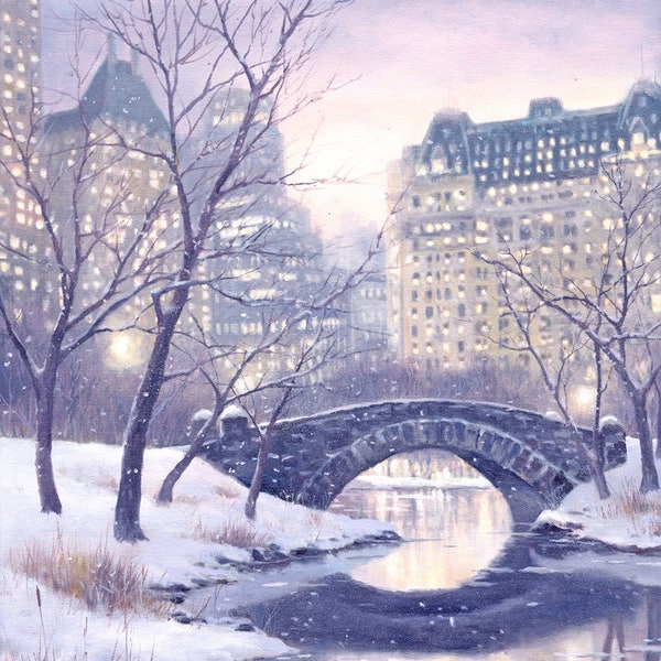 New York City, Central Park Art Print of Oil Painting, Bridge, Winter Cityscape, Snow