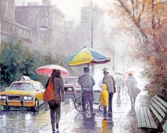 New York City Street Cityscape Giclee Watercolor Art Print