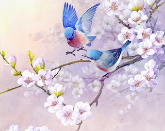 Bluebirds on Dogwood Tree: Watercolor Art Print
