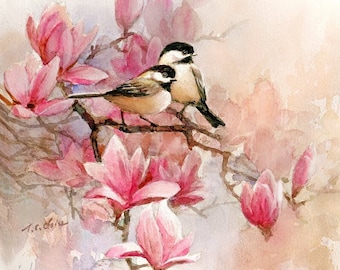 Chickadees on Magnolias -  Art Print of Watercolor Painting