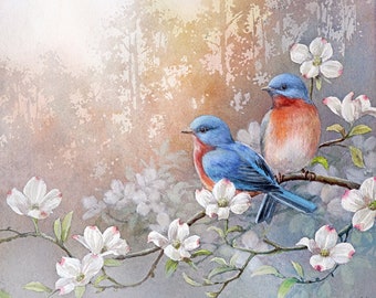 Modraszki na drzewie derenia – akwarela, wydruk artystyczny